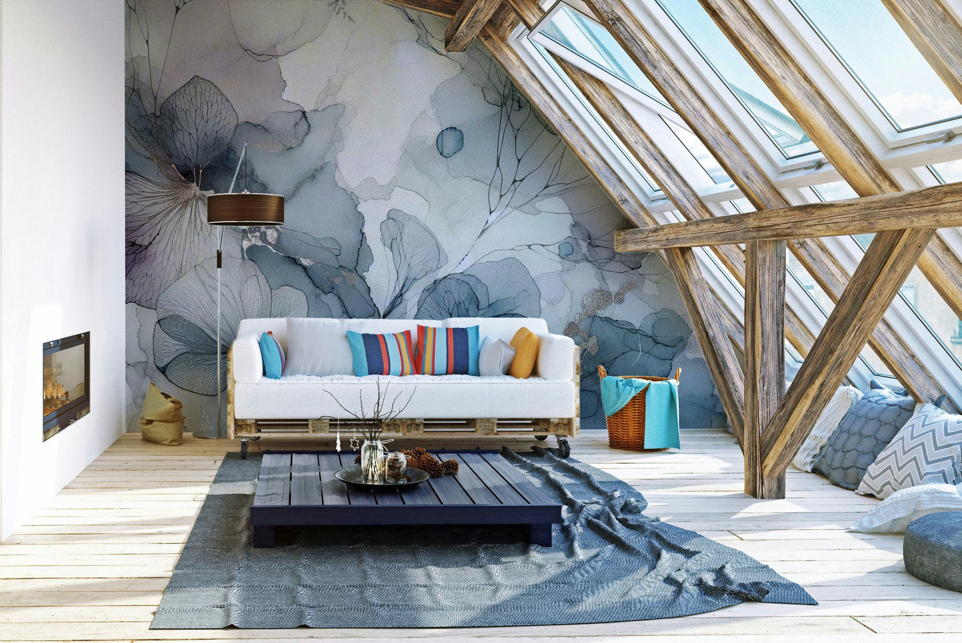 Soft pink and cream floral mural in a bright apartment living room.