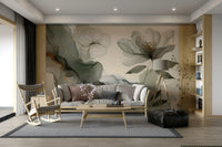 Sage green wall mural with light leafy design

