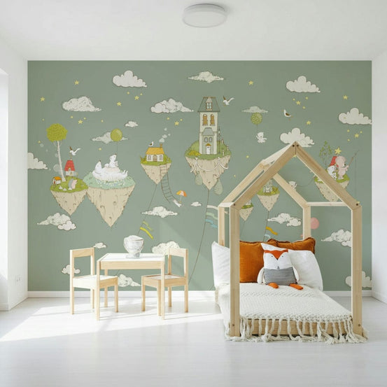 Dreamy Sky Islands wallpaper mural of floating cloud islands by a wooden house-frame bed with a fox pillow