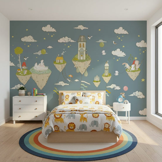 Dreamy Sky Realm wallpaper mural of floating islands and houses in a teal sky above a wood bed with safari bedding and rainbow rug