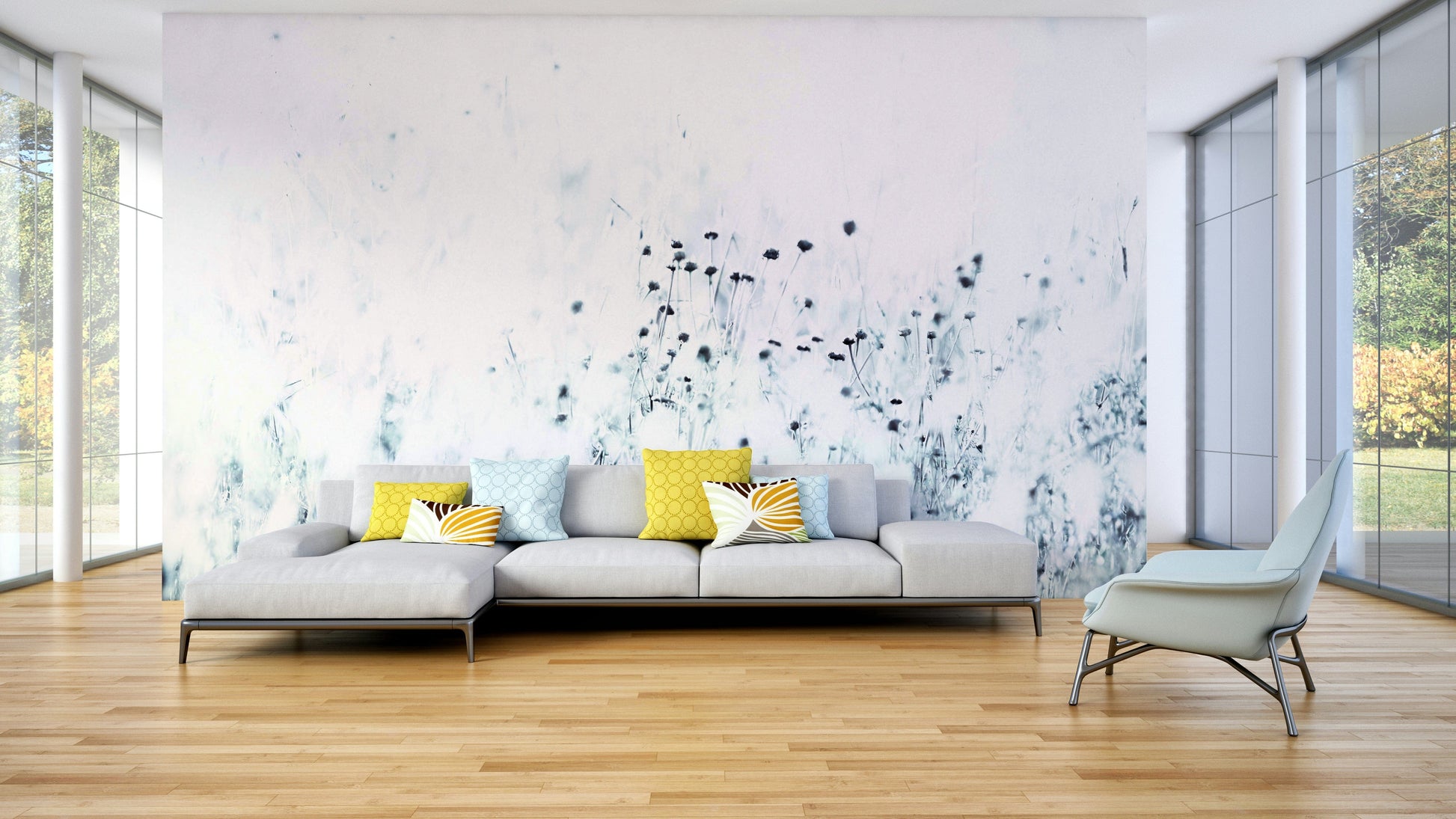 A graceful subtle bloom wall mural in cool, natural tones.

