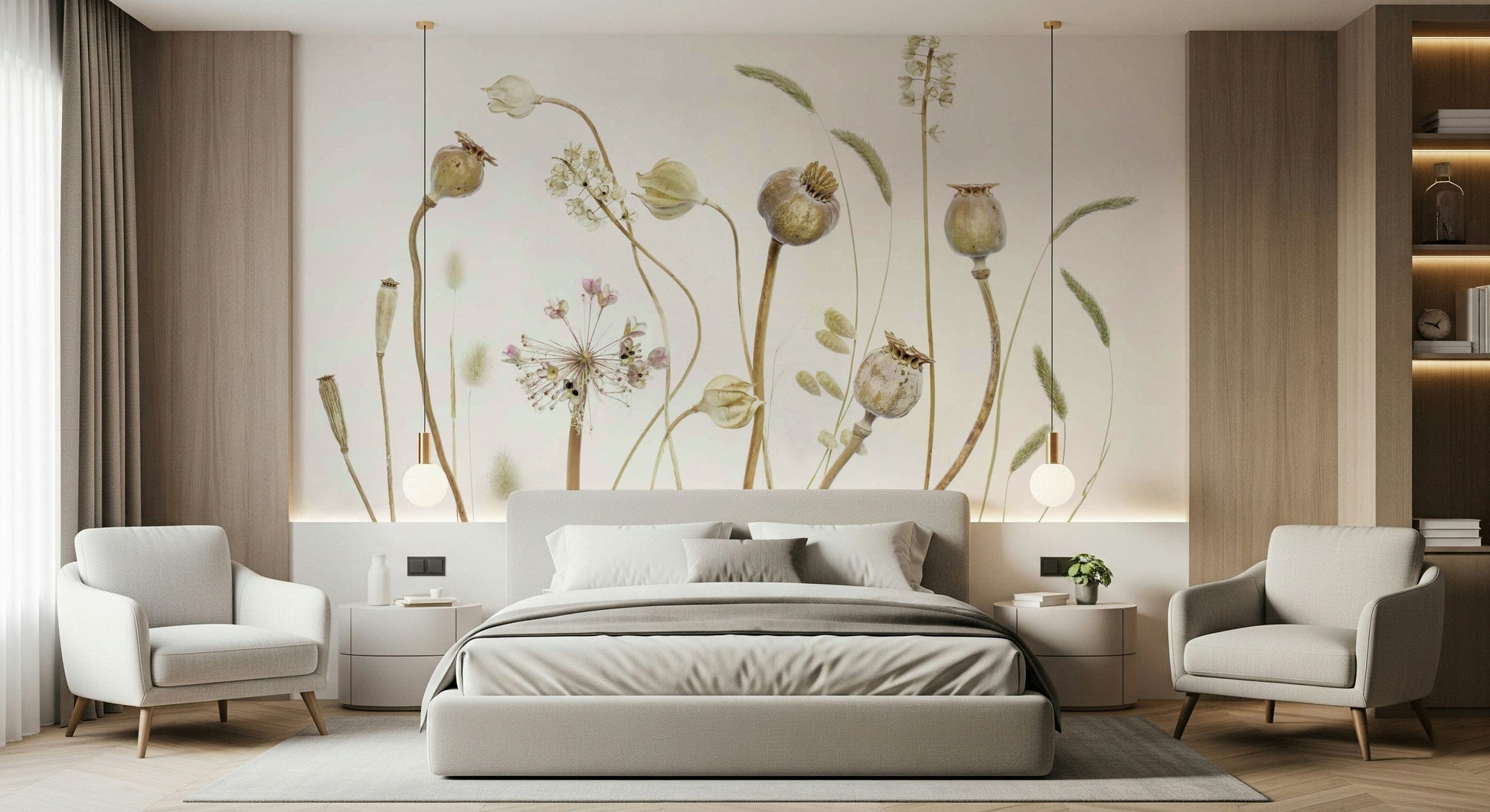 A peaceful rustic pattern mural on decorative wallpaper.

