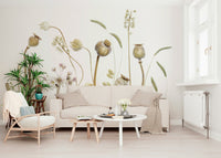 A graceful subtle plant wall mural in cool, natural tones.

