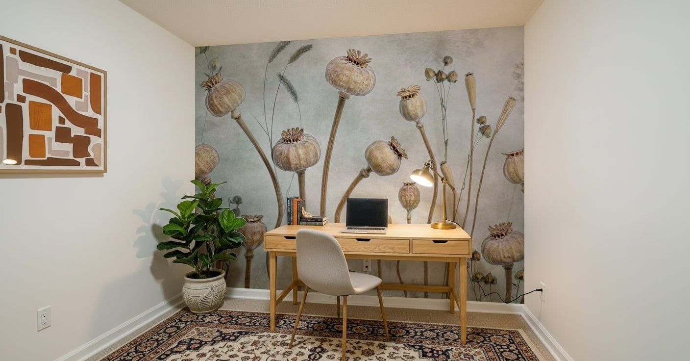 A calming foliage design wallpaper mural that defines a space.

