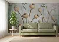 A graceful subtle pod wall mural in cool, natural tones.

