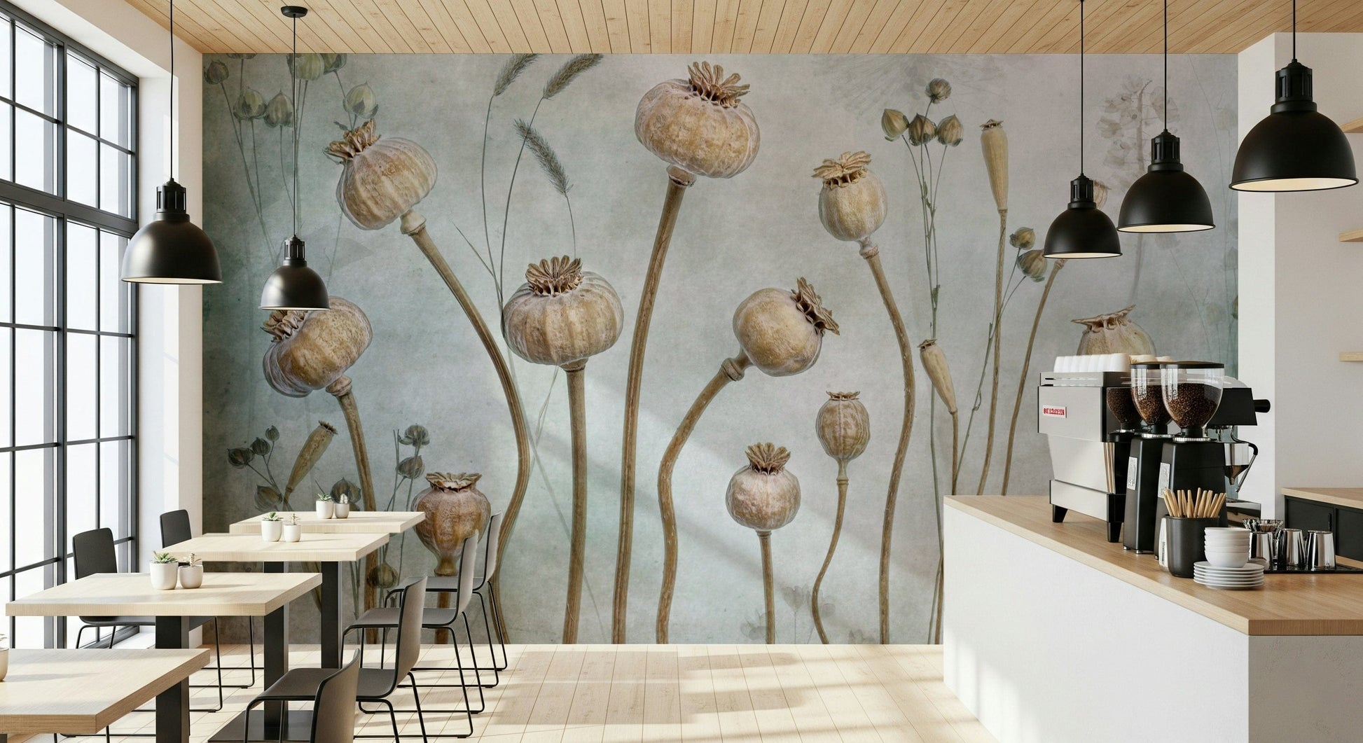 An artistic dried seed mural on minimalist wallpaper.

