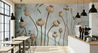An artistic dried seed mural on minimalist wallpaper.

