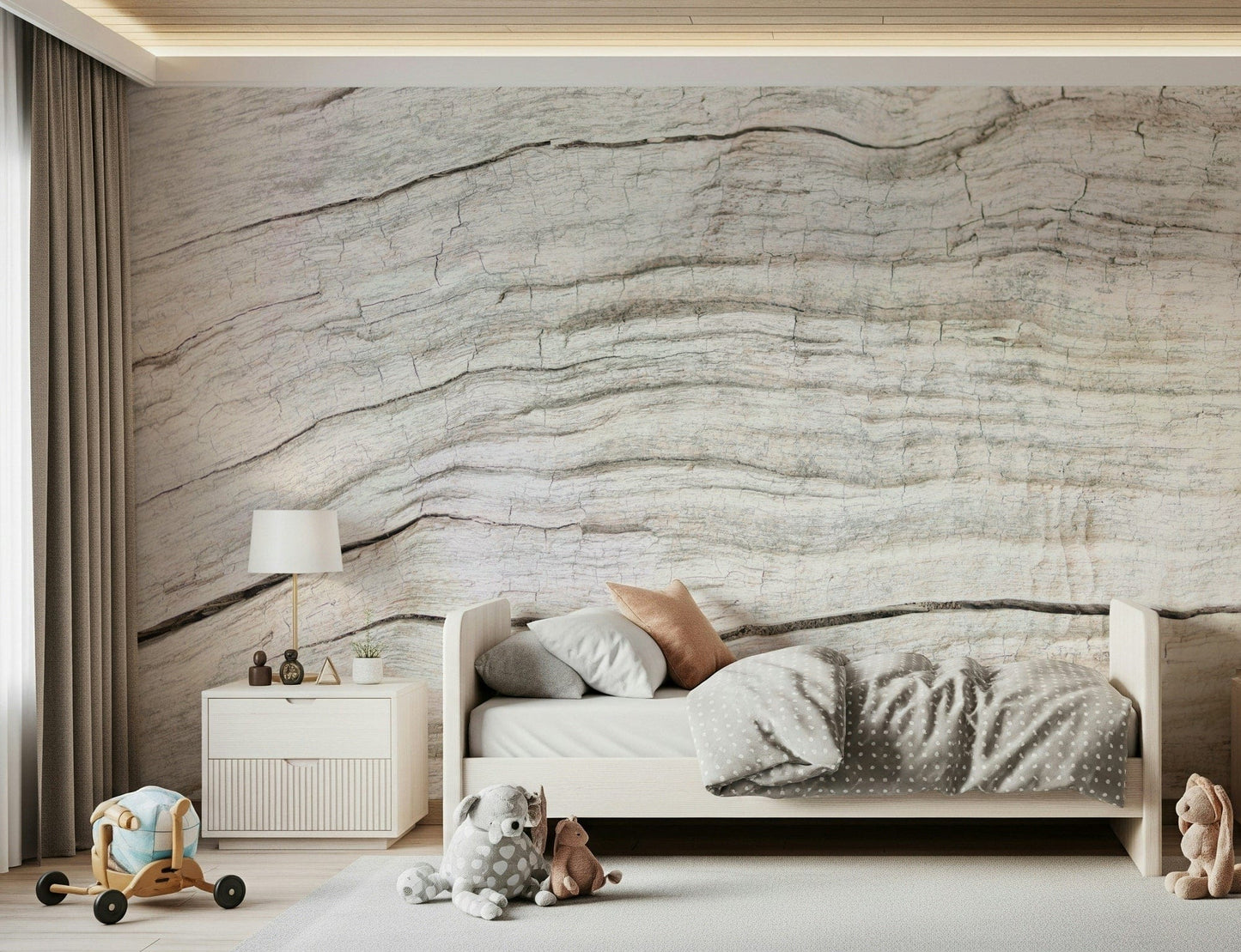 Interior calm achieved through Driftwood Texture Wall Mural muted wood tones