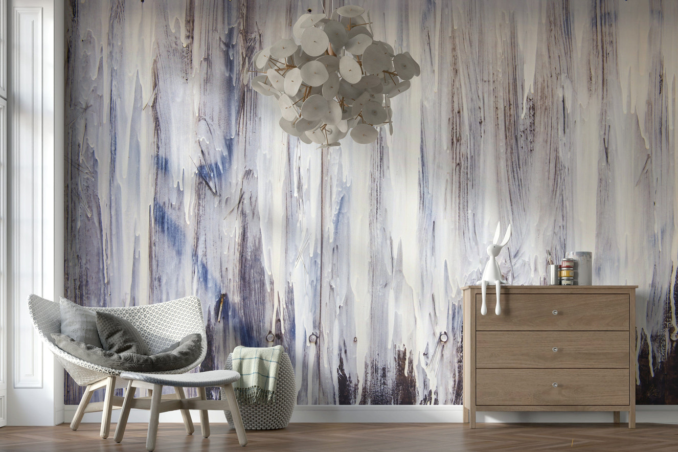 Dripping Serenity Wall Mural featuring cascading abstract paint drips in calming, muted tones for tranquil interiors.