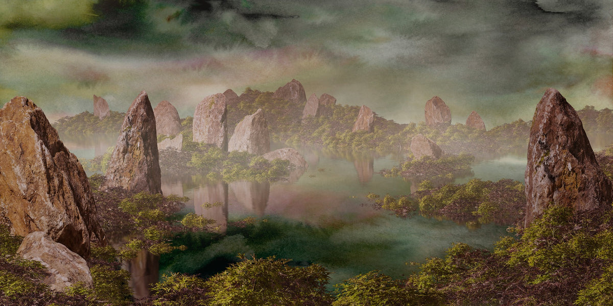 Dramatic Chinese Landscape Green Wallpaper Murals in your room — zoomed