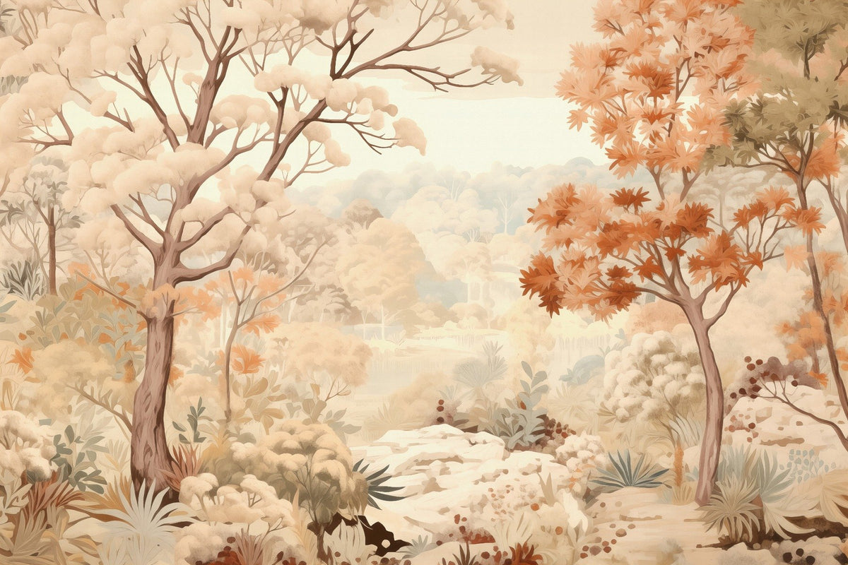 Forest Autumn Watercolor Beige Wallpaper in your room