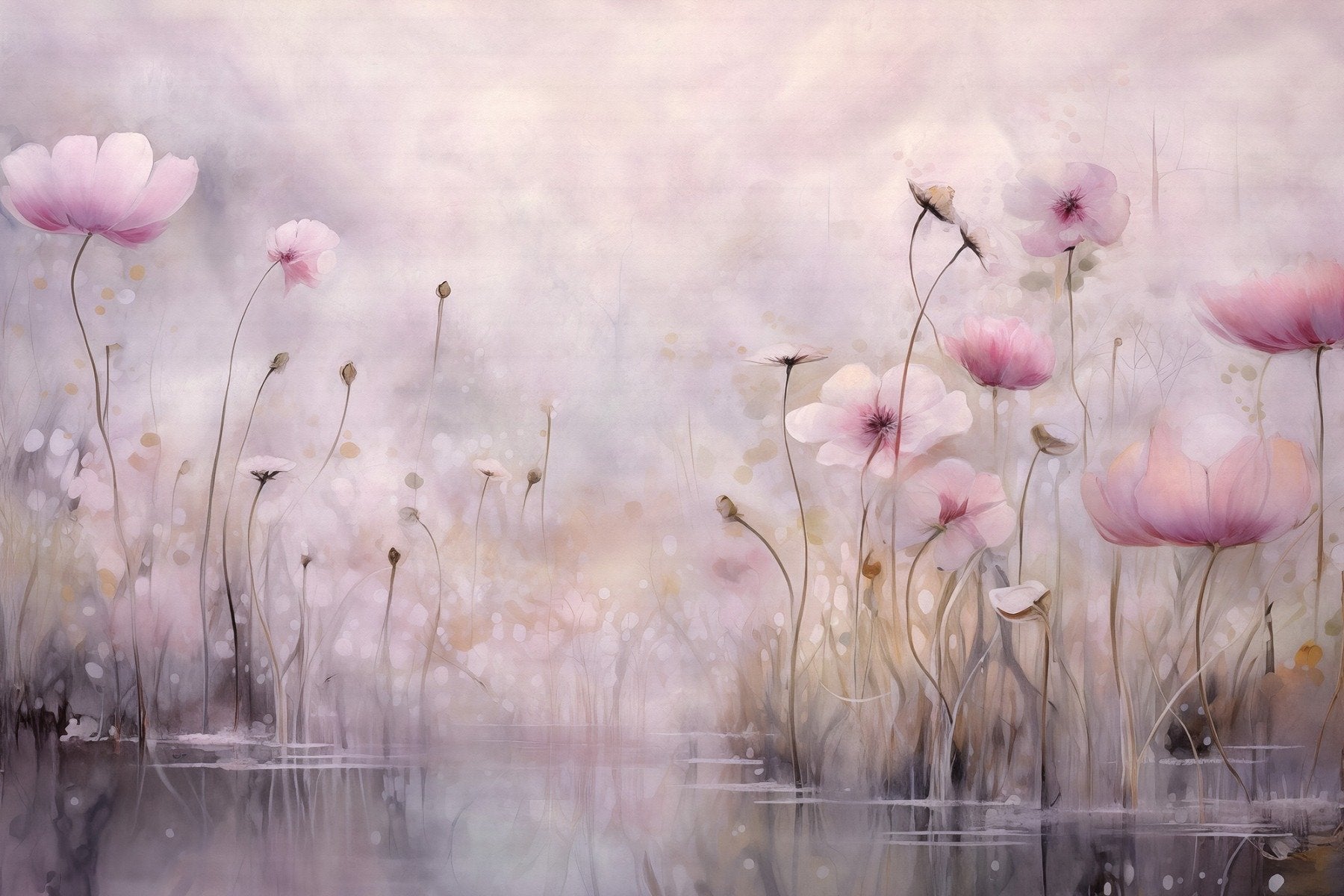 Pink Water Poppies Floral Wallpaper