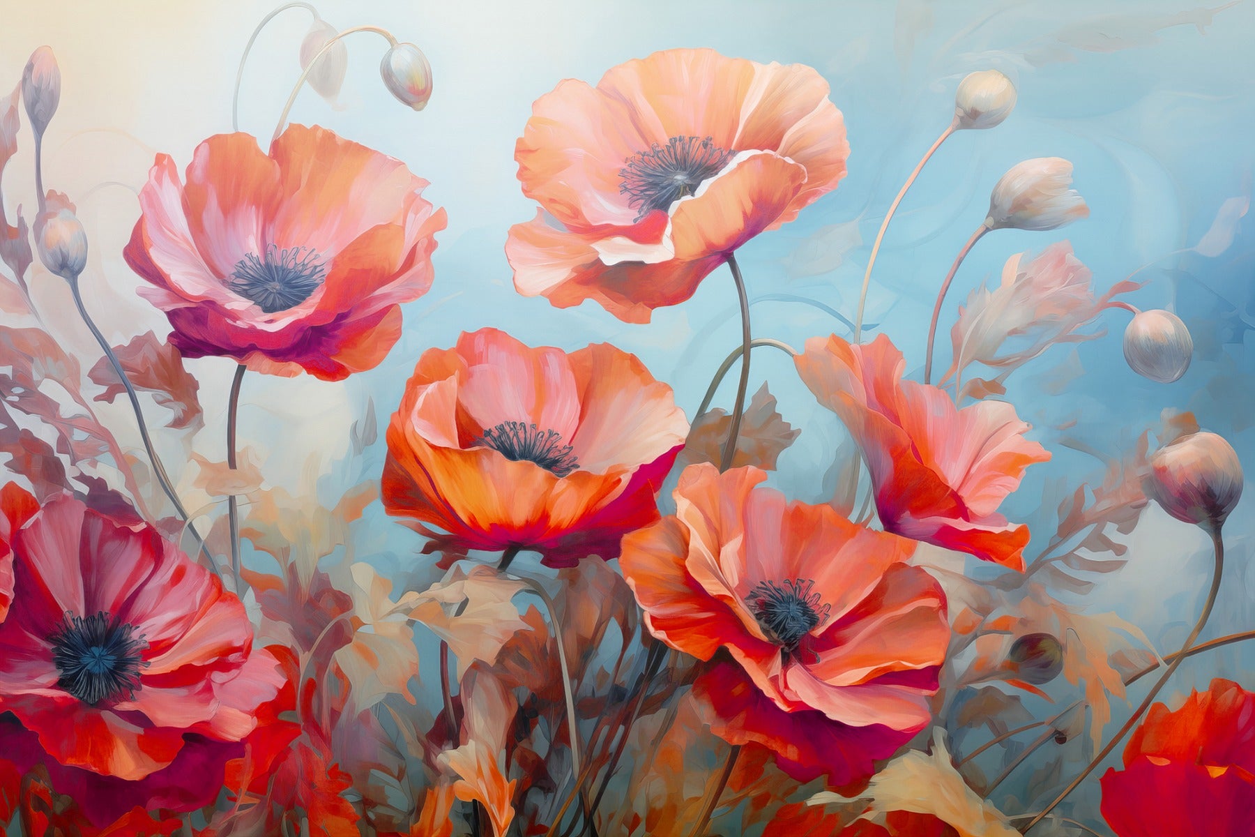 Wild Poppies Red and Blue Flower Wallpaper