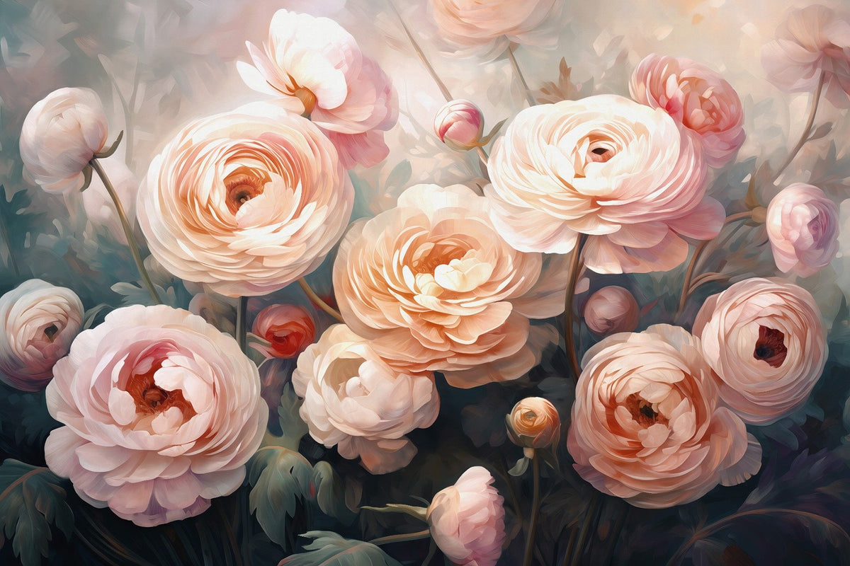 Ranunculus Pink Flower Wallpaper Mural in your room — zoomed