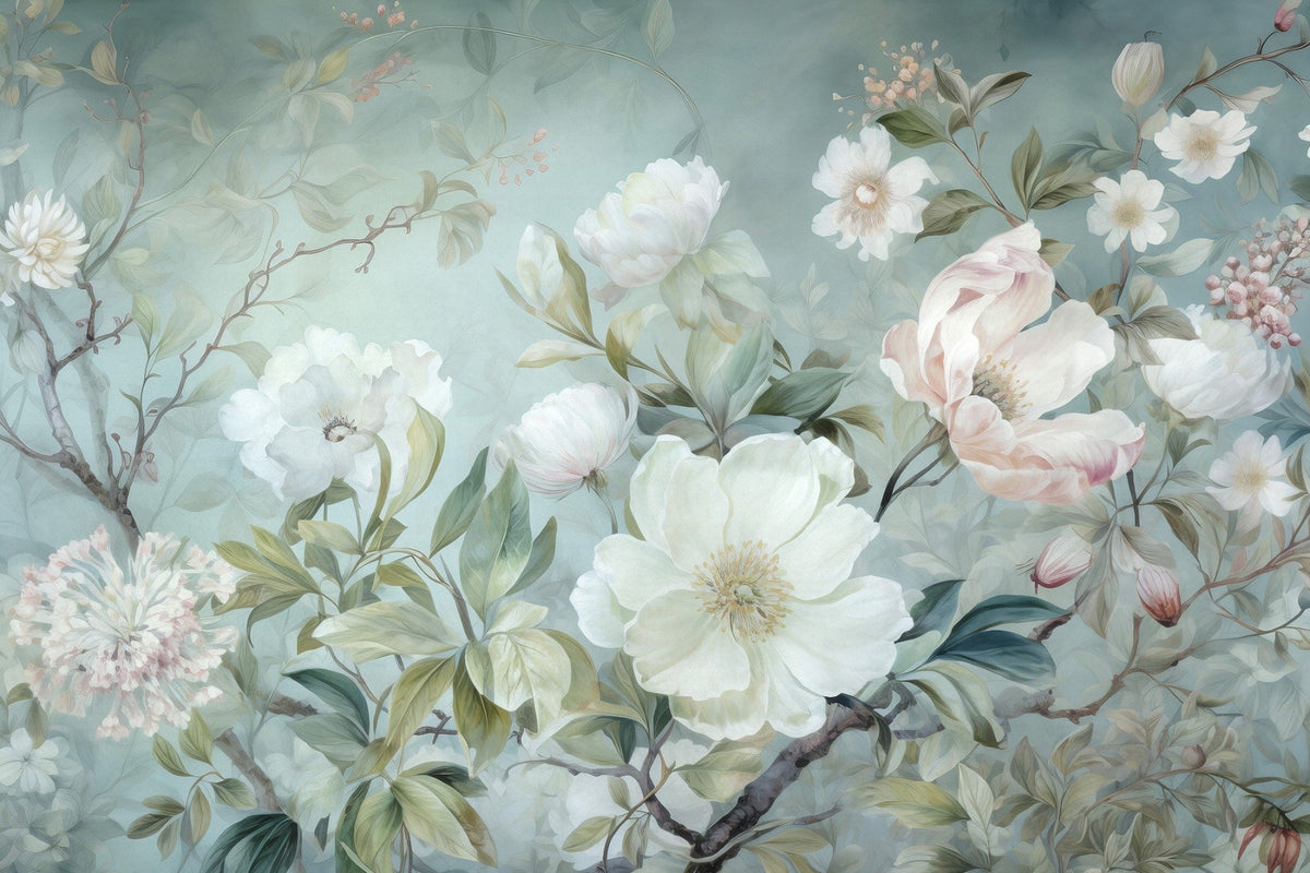 Blossom Green Floral Wallpaper Murals in your room — zoomed