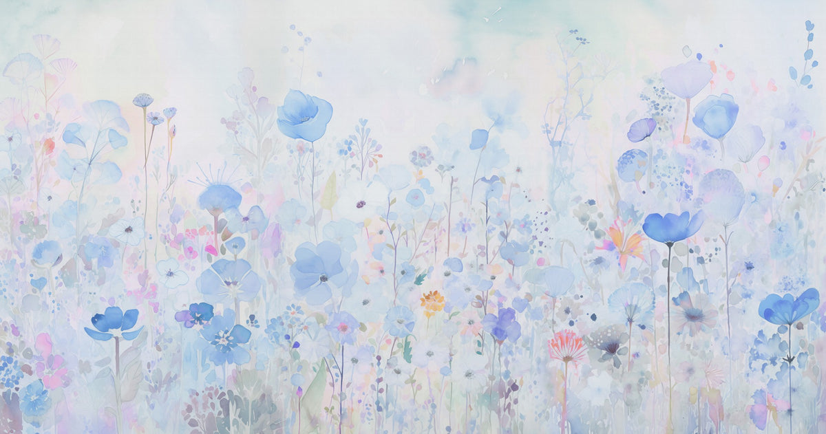 Watercolor Happy Flowers Blue Wallpaper in your room