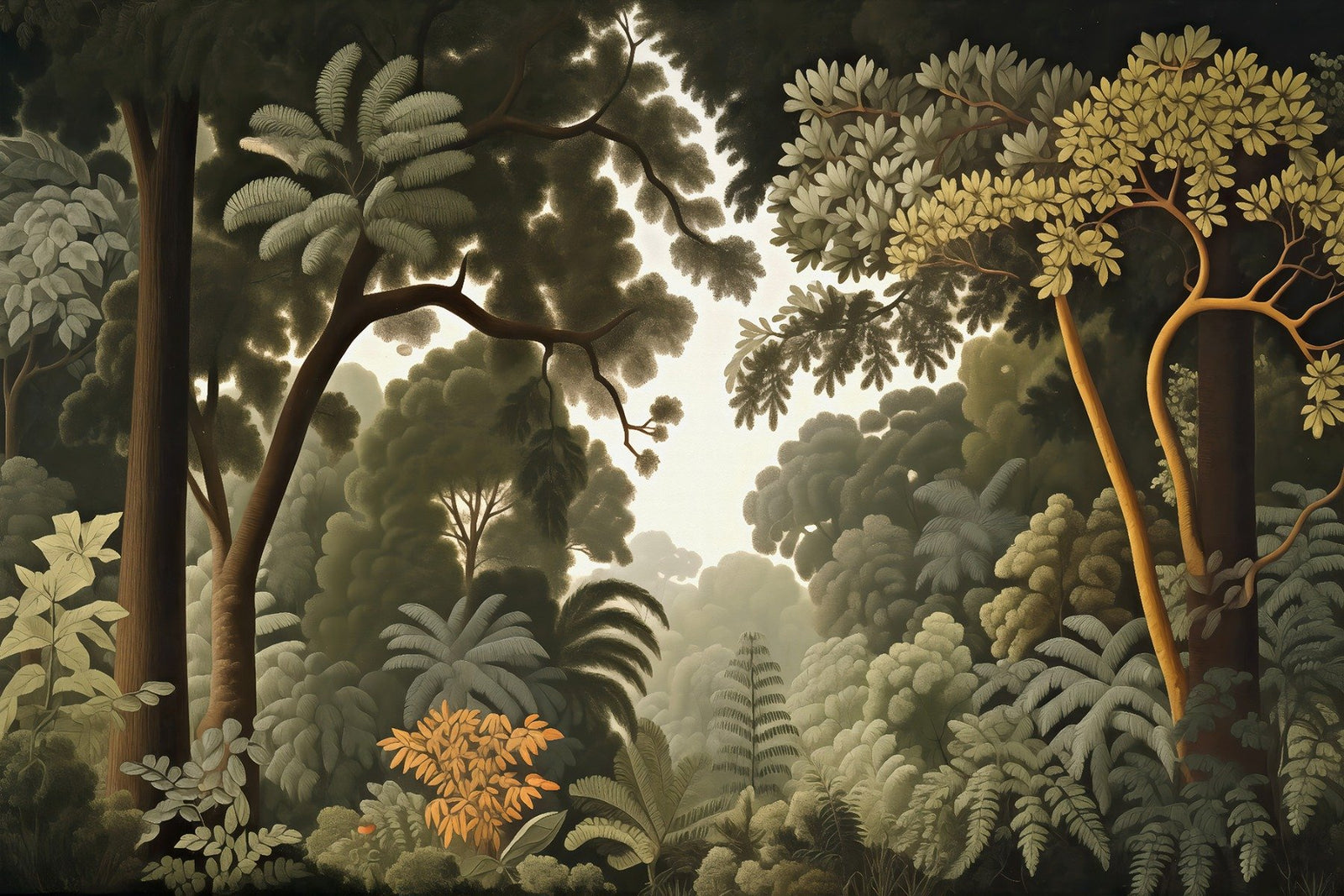 Woodcut Green Nature Botanical Wallpaper in your room