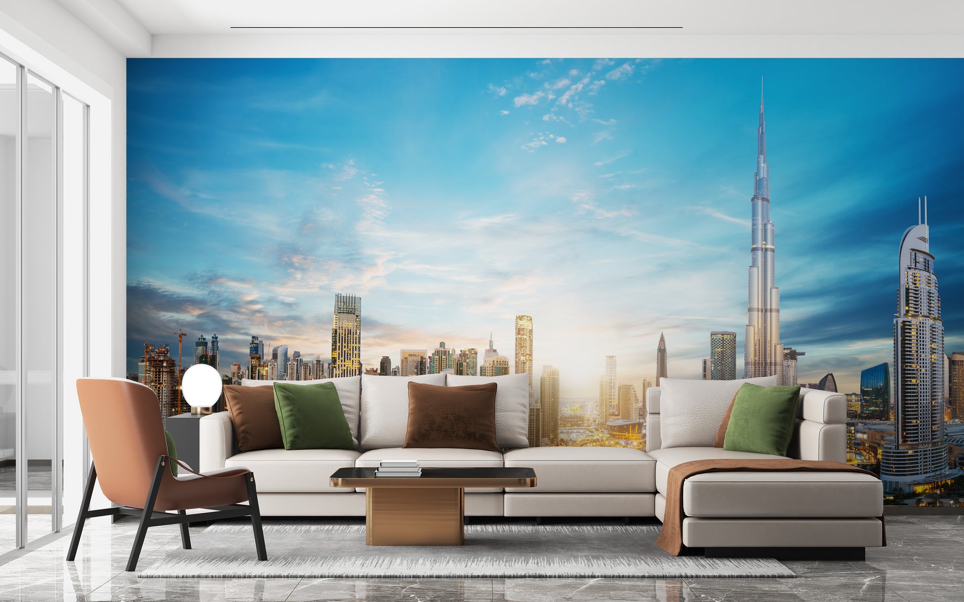 Dubai Skyline Panoramic wallpaper mural styled along a hallway feature wall near a console in blue tones
