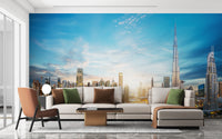 Dubai Skyline Panoramic wallpaper mural styled along a hallway feature wall near a console in blue tones