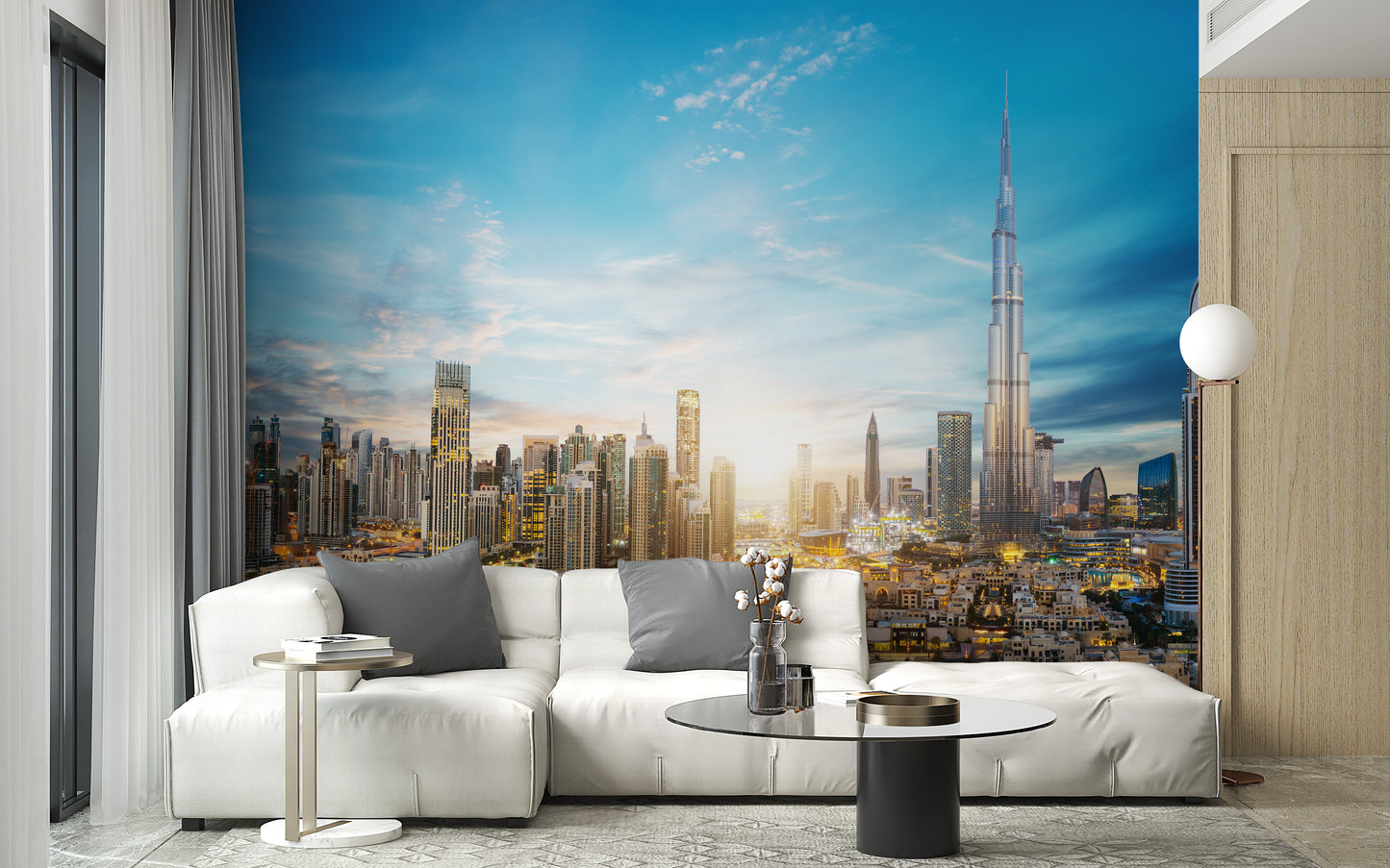 Dubai Skyline Panoramic wallpaper mural as a feature wall in a home office workspace in blue tones