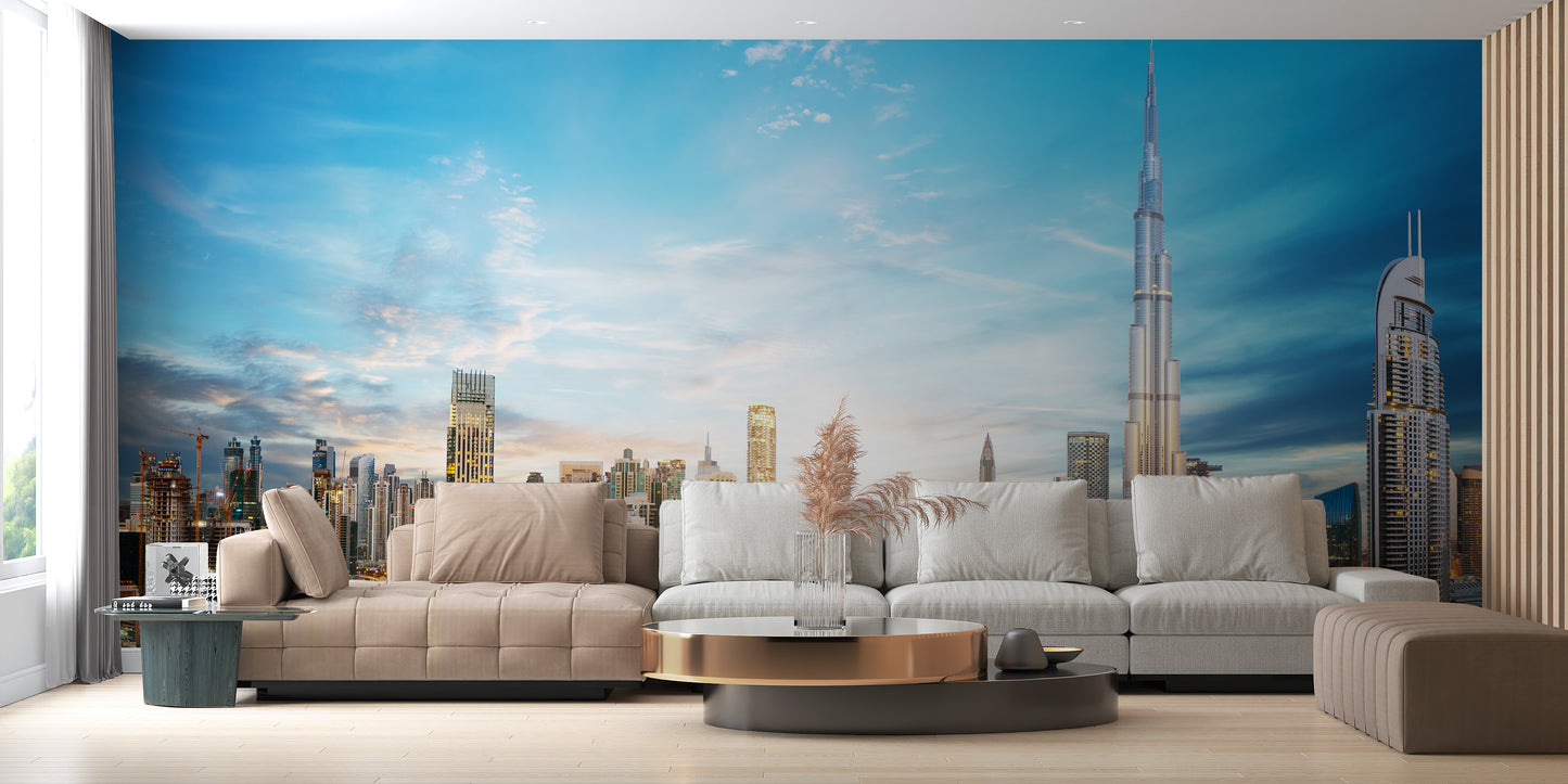Dubai Skyline Panoramic wallpaper mural styled as a feature wall behind a dining table and chairs in blue tones