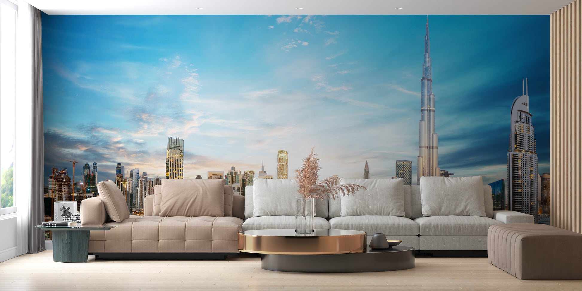 Dubai Skyline Panoramic wallpaper mural styled as a feature wall behind a dining table and chairs in blue tones