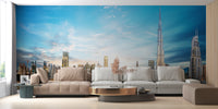 Dubai Skyline Panoramic wallpaper mural styled as a feature wall behind a dining table and chairs in blue tones
