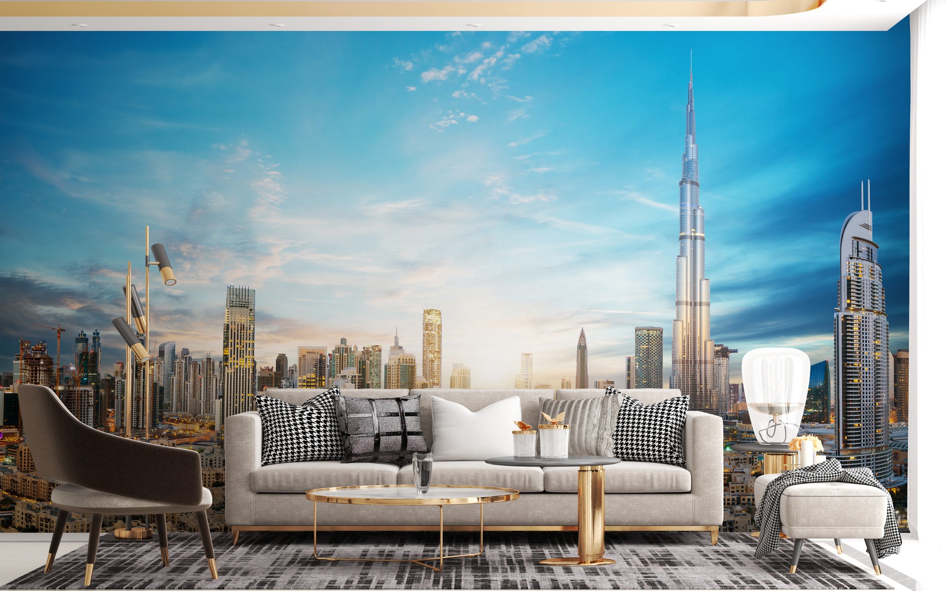 Dubai Skyline Panoramic wallpaper mural as a bedroom feature wall behind the headboard in blue tones