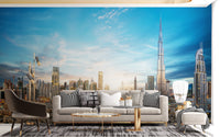 Dubai Skyline Panoramic wallpaper mural as a bedroom feature wall behind the headboard in blue tones