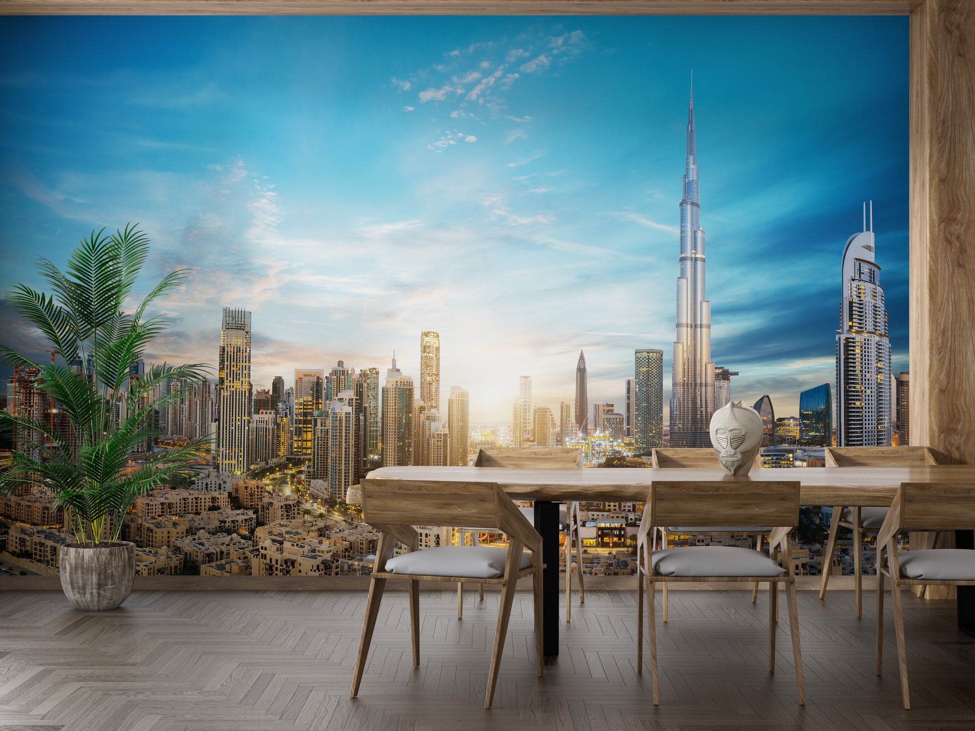 Dubai Skyline Panoramic wallpaper mural styled as a living room feature wall behind a sofa and seating in blue tones