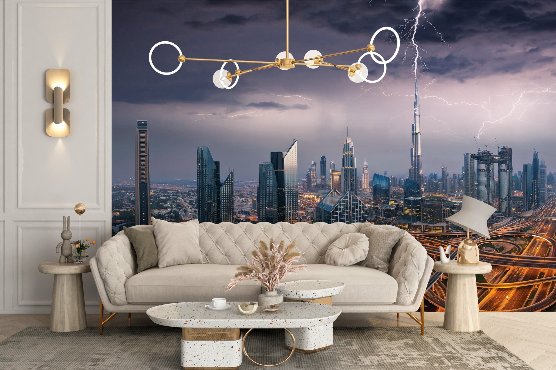 Dubai Skyline wallpaper mural of a purple stormy skyline above a cream tufted living room sofa
