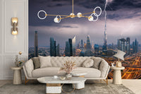 Dubai Skyline wallpaper mural of a purple stormy skyline above a cream tufted living room sofa