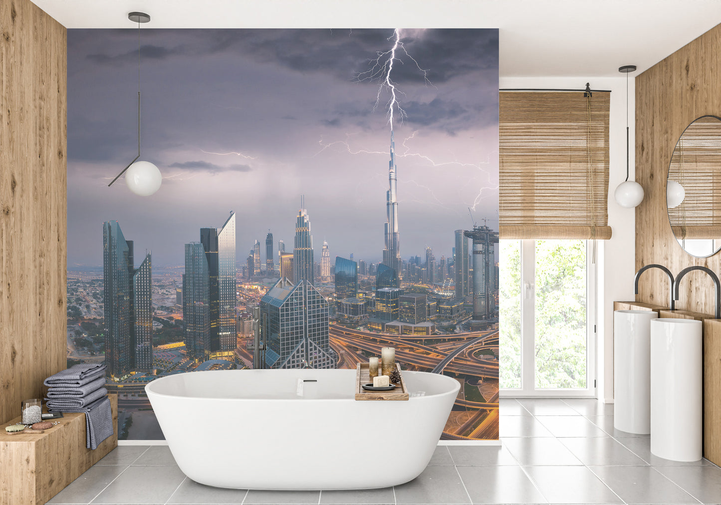 Dubai Skyline wallpaper mural with lightning over skyscrapers behind a white freestanding bathtub