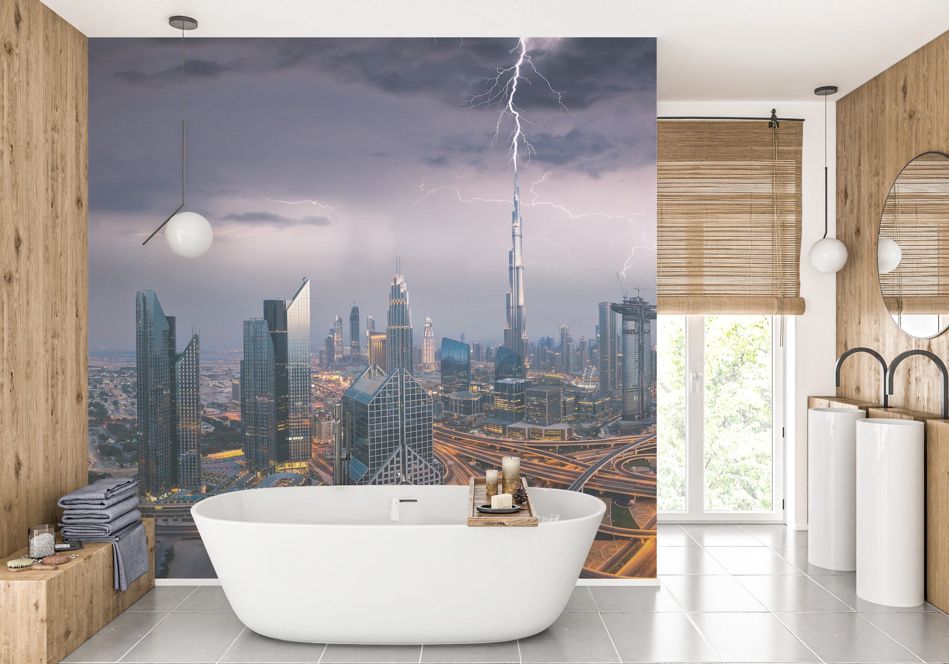 Dubai Skyline wallpaper mural with lightning over skyscrapers behind a white freestanding bathtub