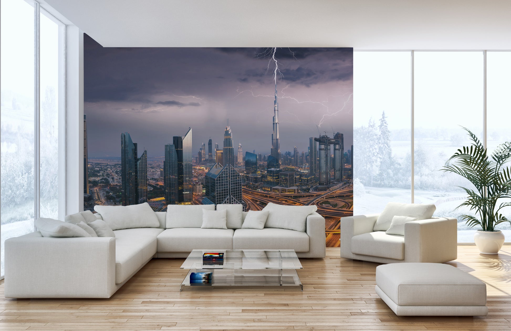 Dubai Skyline wallpaper mural with lightning over the Burj Khalifa behind a white sectional sofa