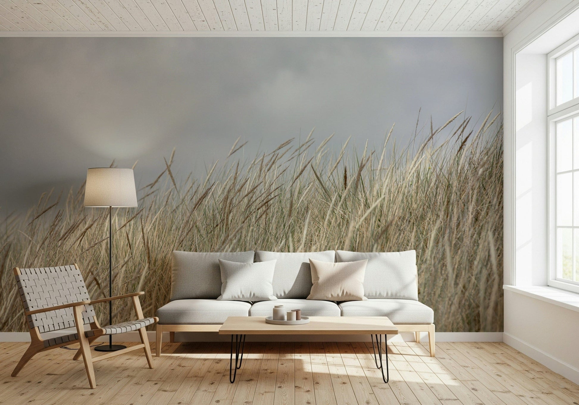 Windy coastal meadow captured in Woodland Dune Grass wallpaper for walls.