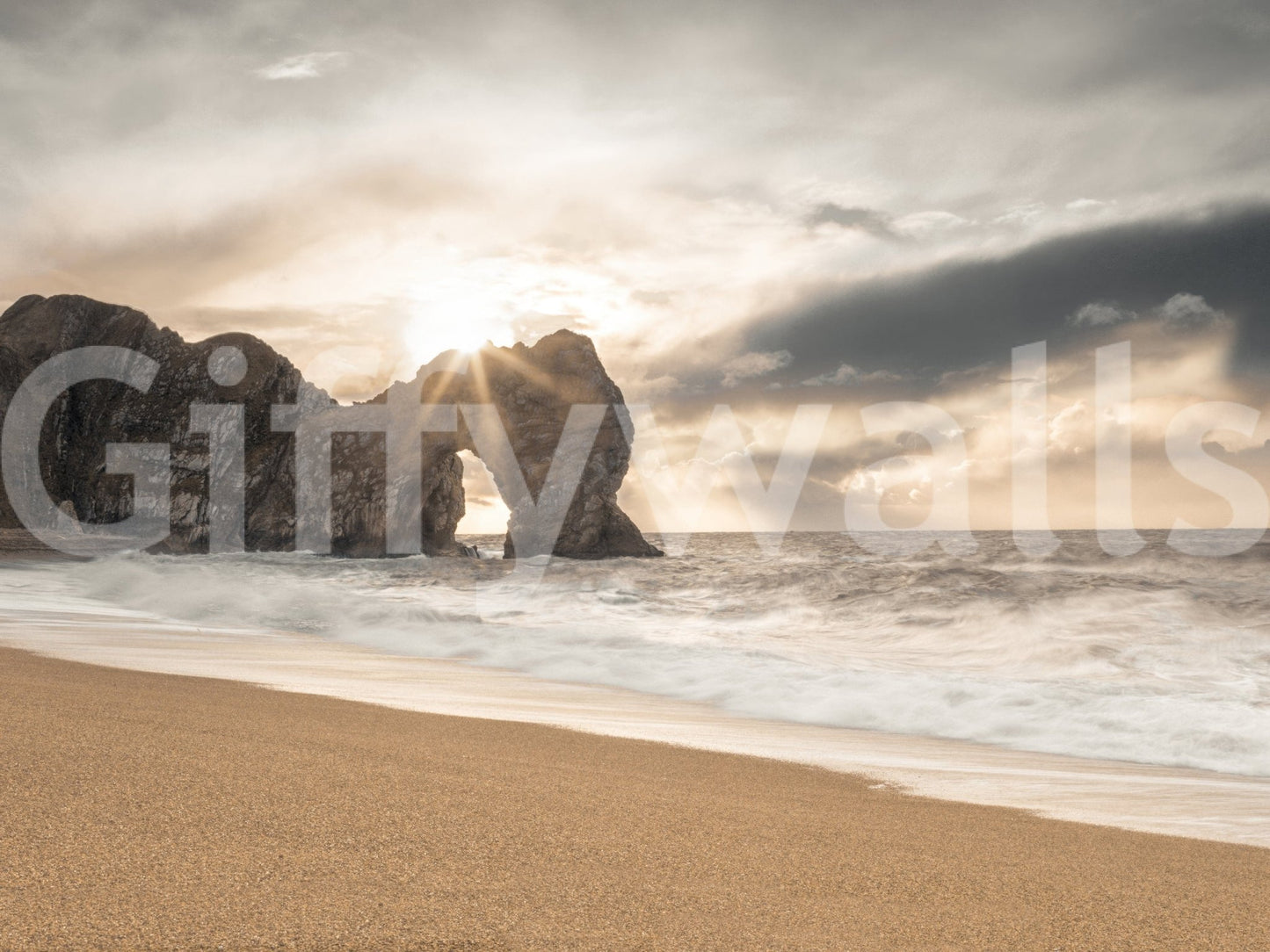 Coastal sunrise wall mural with warm glow