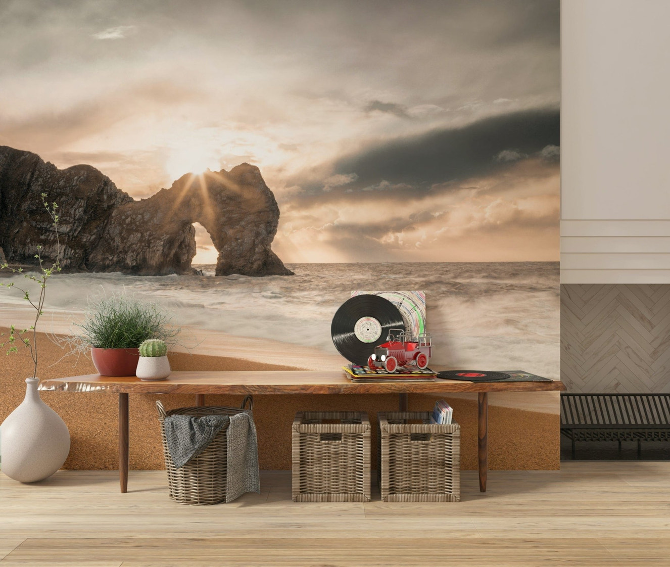 Coastal arch wall mural at golden sunrise