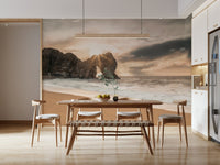 Golden sky wall mural over coastal rocks