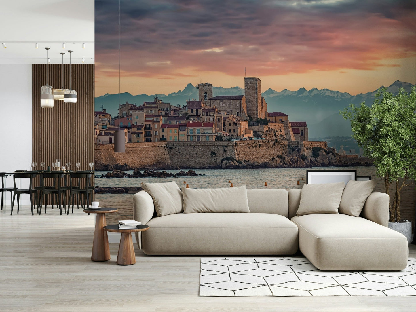 Dusk at Antibes wall mural featuring a historic seaside town glowing under a purple and peach sunset sky.