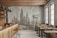 Dusky Forestry Fort wallpaper mural styled along a hallway feature wall near a console in brown tones