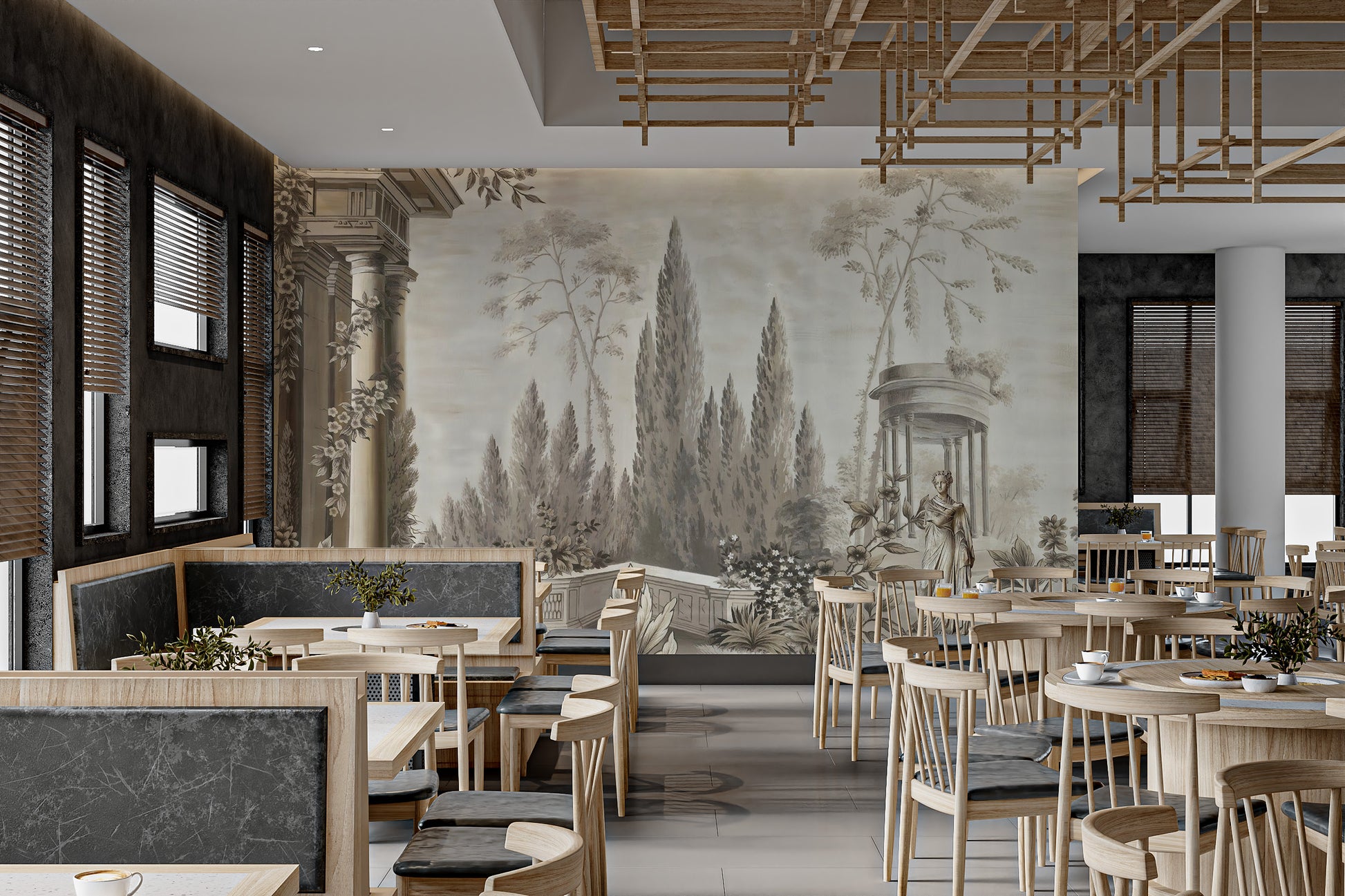 Dusky Forestry Fort wallpaper mural displayed across a full wall in a modern living space in brown tones