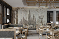 Dusky Forestry Fort wallpaper mural displayed across a full wall in a modern living space in brown tones