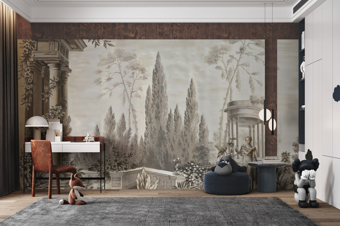 Dusky Forestry Fort wallpaper mural styled as a living room feature wall behind a sofa and seating in brown tones