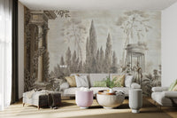 Dusky Forestry Fort wallpaper mural shown as a full feature wall that highlights the design