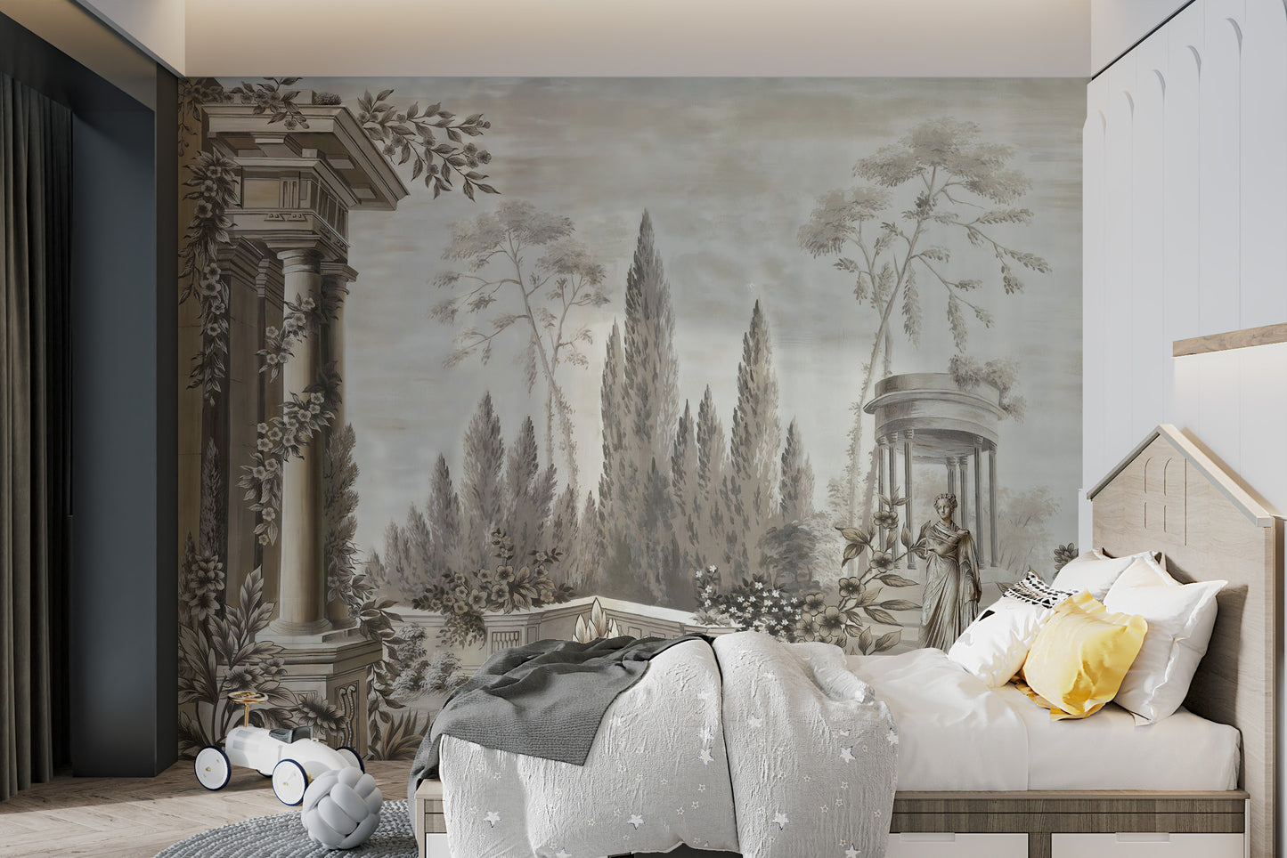 Dusky Forestry Fort wallpaper mural as a feature wall in a home office workspace in brown tones