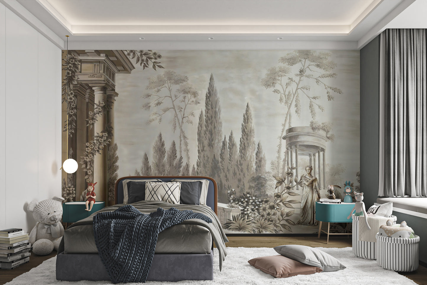Dusky Forestry Fort wallpaper mural styled as a feature wall behind a dining table and chairs in brown tones