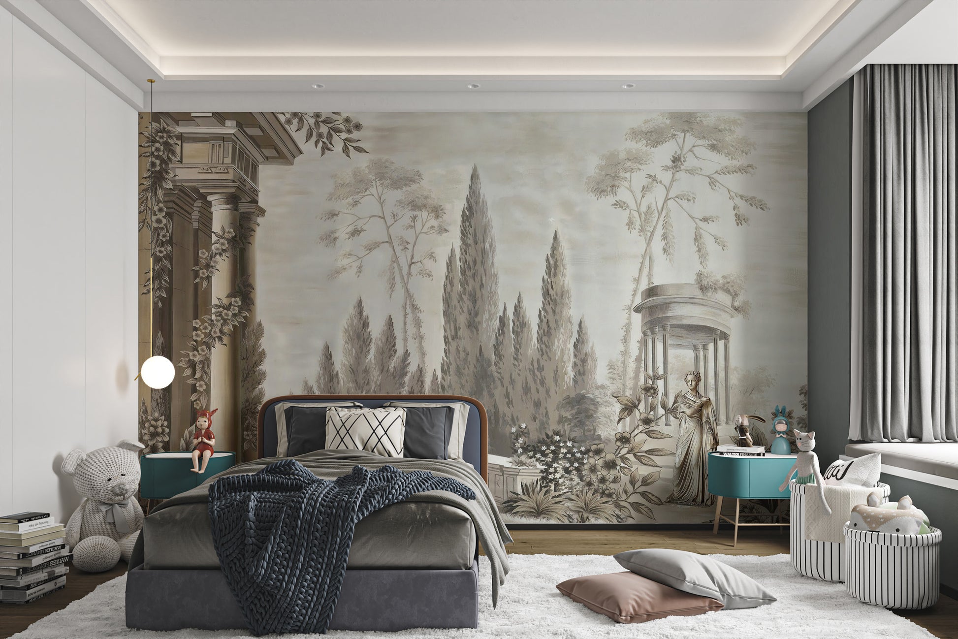 Dusky Forestry Fort wallpaper mural styled as a feature wall behind a dining table and chairs in brown tones