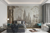 Dusky Forestry Fort wallpaper mural styled as a feature wall behind a dining table and chairs in brown tones