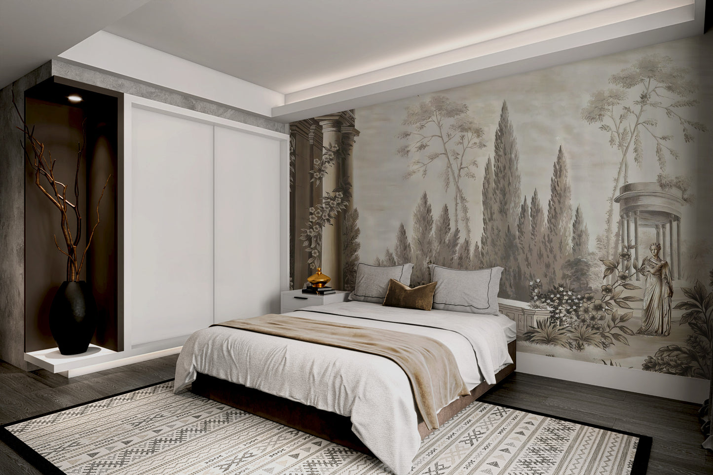 Dusky Forestry Fort wallpaper mural as a bedroom feature wall behind the headboard in brown tones